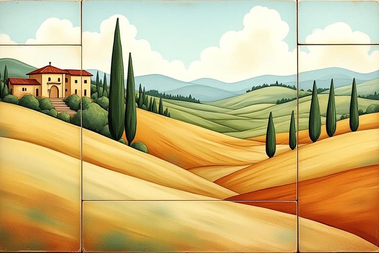 Composizione di piastrelle in ceramica con un disegno personalizzato che forma un paesaggio toscano.
