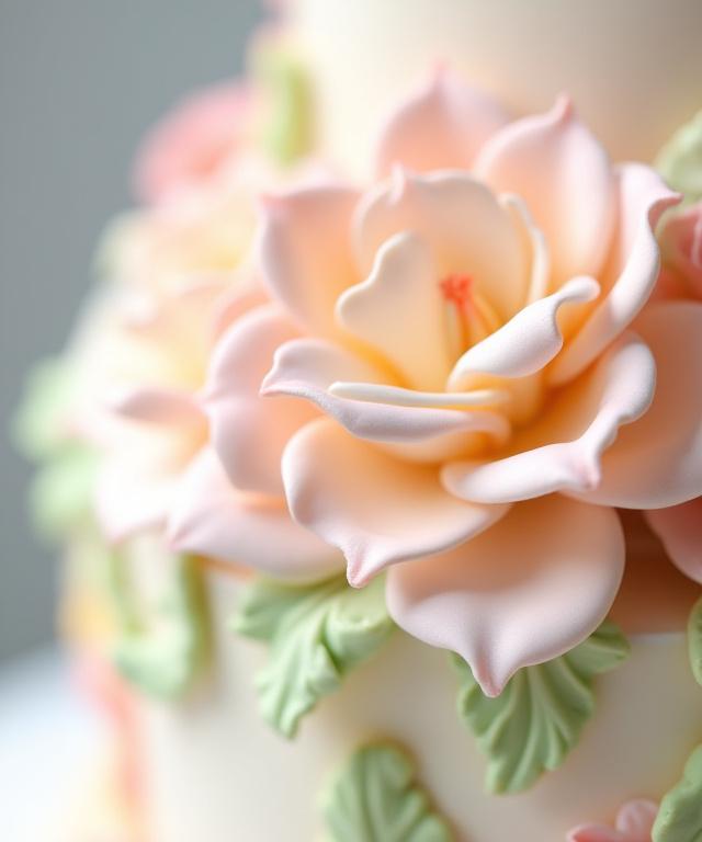 Dettaglio macro di una decorazione floreale in pasta di zucchero su una torta.