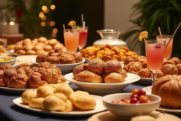 Un tavolo da buffet per un evento speciale con una selezione di dolci e salati serviti su ceramiche Fornace Dolce.