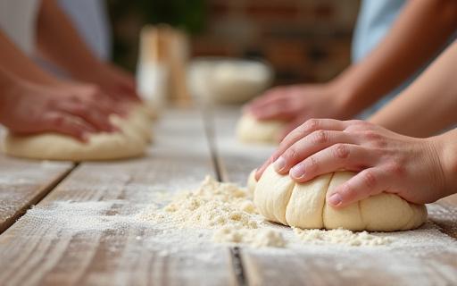 Partecipanti a un corso di pasticceria che impastano su un tavolo di legno.